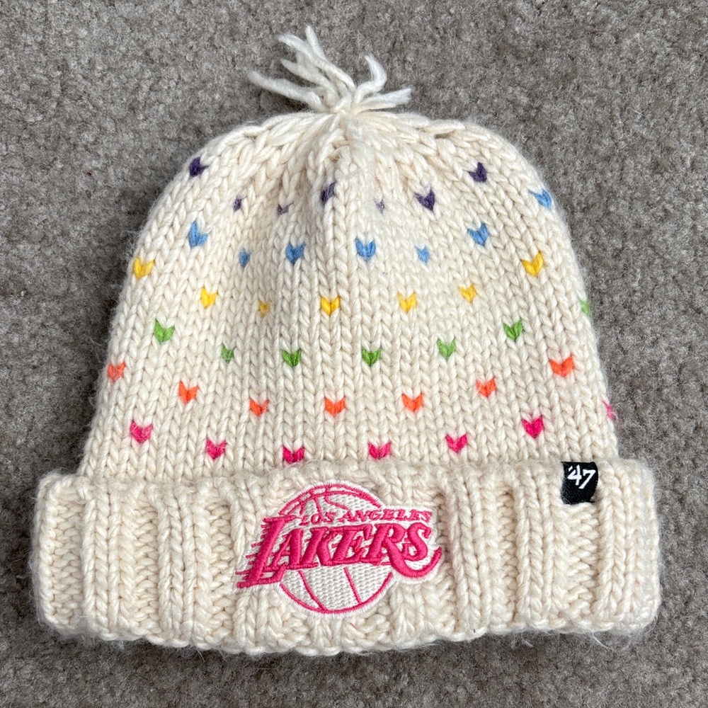 47 Cream Knit Beanie with Colorful Heart Accents
